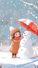 Child with snowman under umbrella in light snowfall scene.