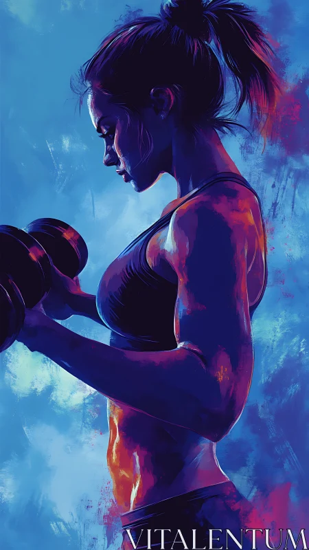 Side-lit athlete curls dumbbell in high-contrast neon palette