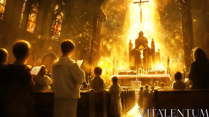 Liturgical procession in luminous gothic nave with golden altar