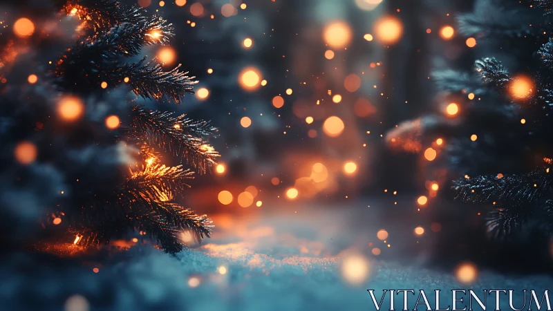 Snowlit fir branches cradle drifting golden holiday lights.