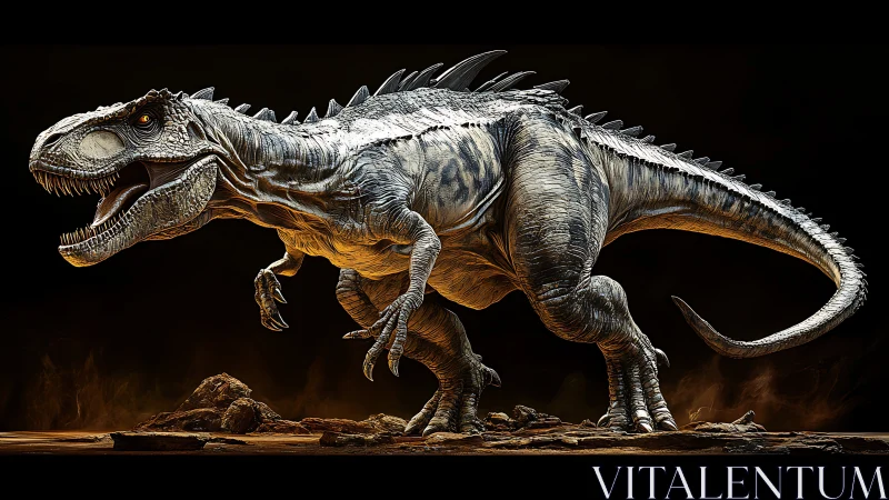 Large theropod dinosaur model in side profile on dark ground.