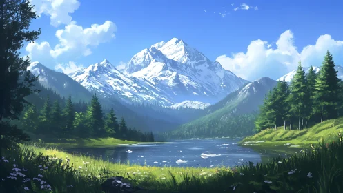 Snow crowned giant watching over a hush bright valley lake.