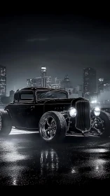 Midnight hot rod coupe on slick neon city streets.
