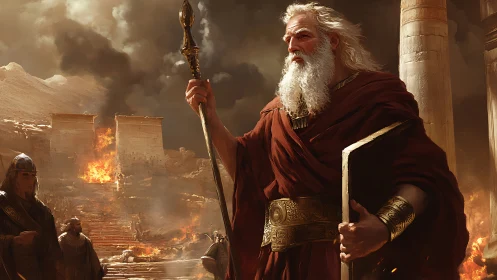 Elder prophet leads exodus through burning desert temple.