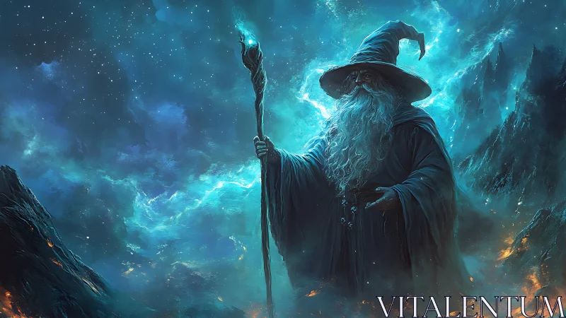 Epic fantasy wizard amid astral storm in luminous Digital painting.
