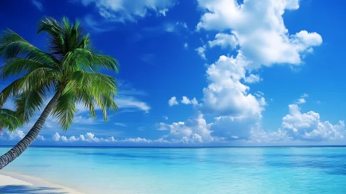 Tropical Beach Scene with Leaning Coconut Palm and Turquoise Water.