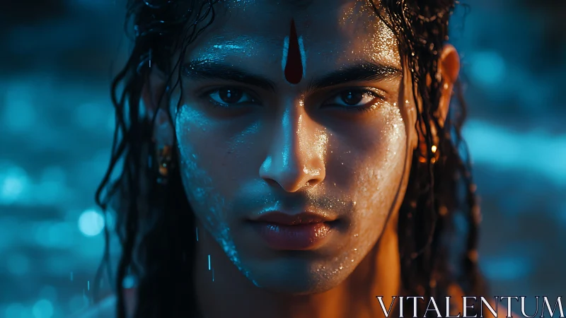 Hyperreal wet portrait of young man with forehead mark in blue light