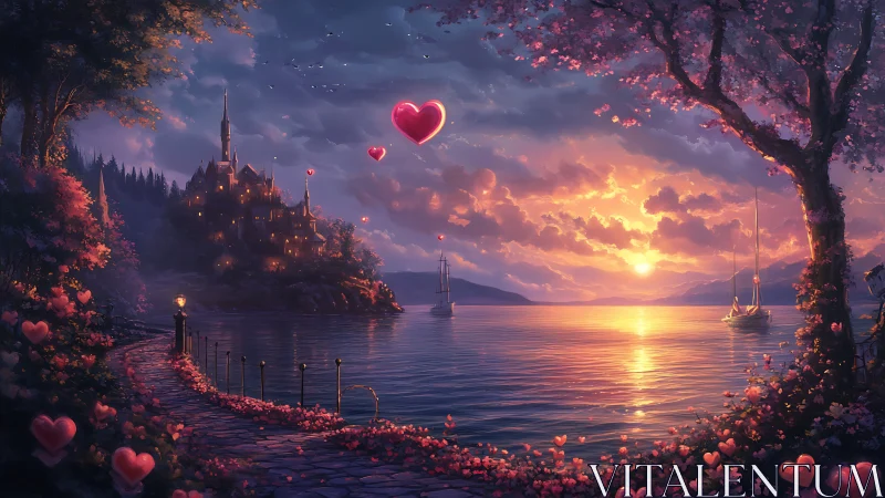 Sunset Castle Fantasy Landscape with Heart Motifs.