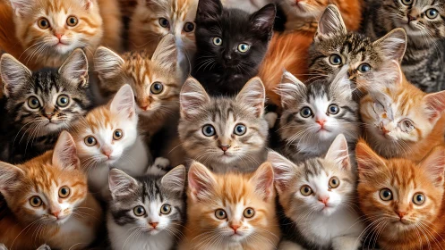 Group of kittens with varied coat colors and wide-eyed expressions.