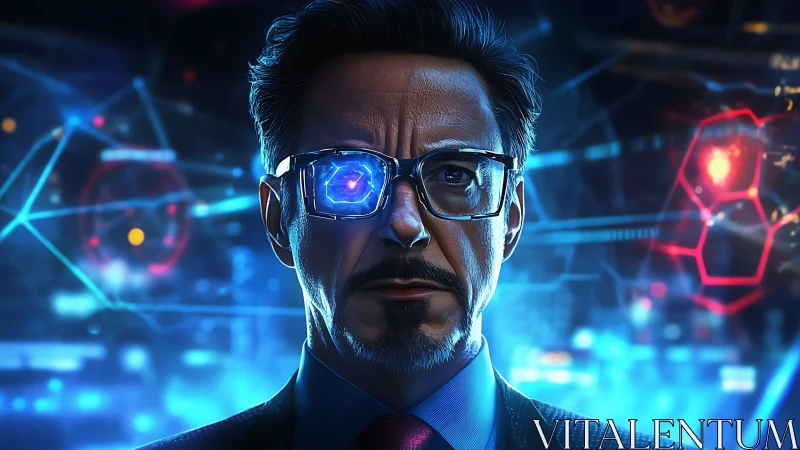 Cybernetic technologist in neon HUD interface, blue-red bokeh