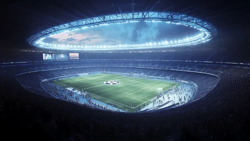 Glowing stadium arena welcomes fans to a grand football night