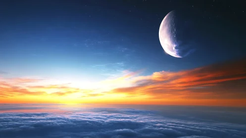 Crescent moon above stratified clouds at bright sunrise.