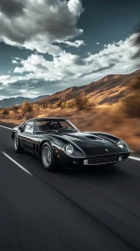 Black vintage sports car powers through desert highway