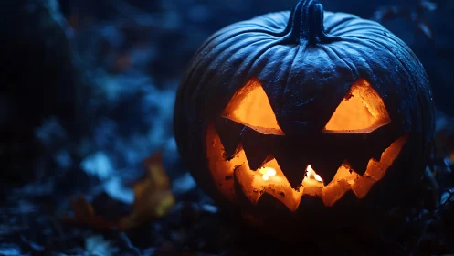 Glowing jack-o’-lantern grins in eerie blue moonlight.