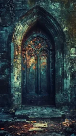 Gothic rusted doorway brooding in moss-touched twilight stone.