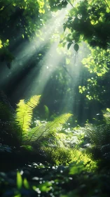 Volumetric sunbeams illuminating fern understory in dense forest