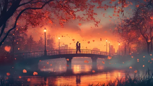 Romantic Bridge Silhouettes in Golden Autumn Light.