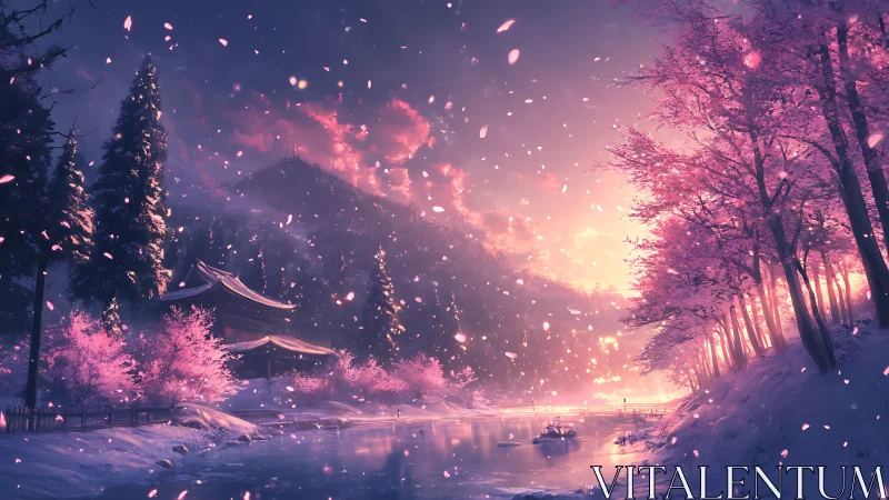 Cherry blossom river temple glows in a dreamy winter sunset