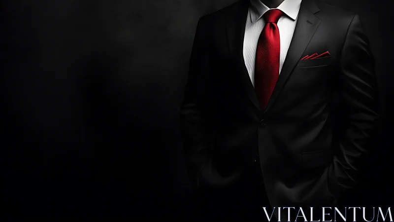 Professional Businessman in Black Suit and Red Tie Against Dark Background