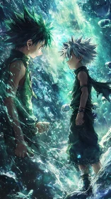 Rival youths in luminous underwater vortex confrontation.