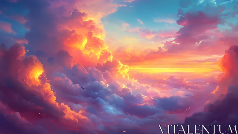 Digital painting sunset cloudscape with luminous gradients.