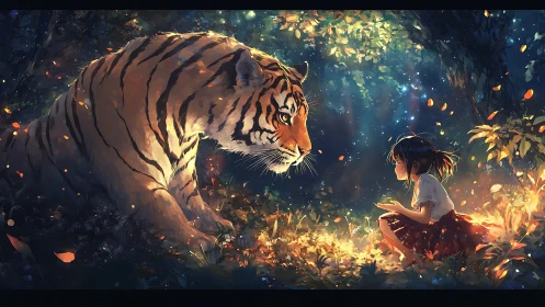 Tiger and child sit facing each other in a forest clearing