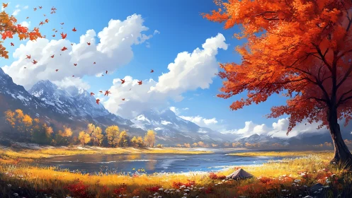 Autumn lake beneath snowy mountains and red foliage.