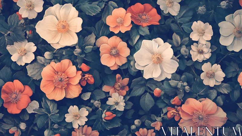 Layered Floral Composition: Coral and Ivory Blooms Against Deep Tonal Ground.