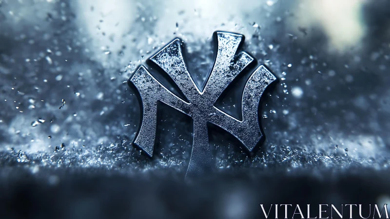 Metallic abstract symbol in falling water spray scene.