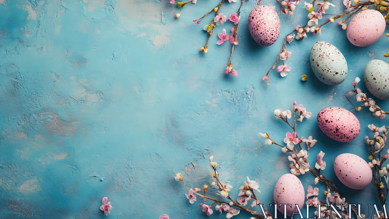 Speckled pastel eggs with cherry blossoms on textured cyan field.