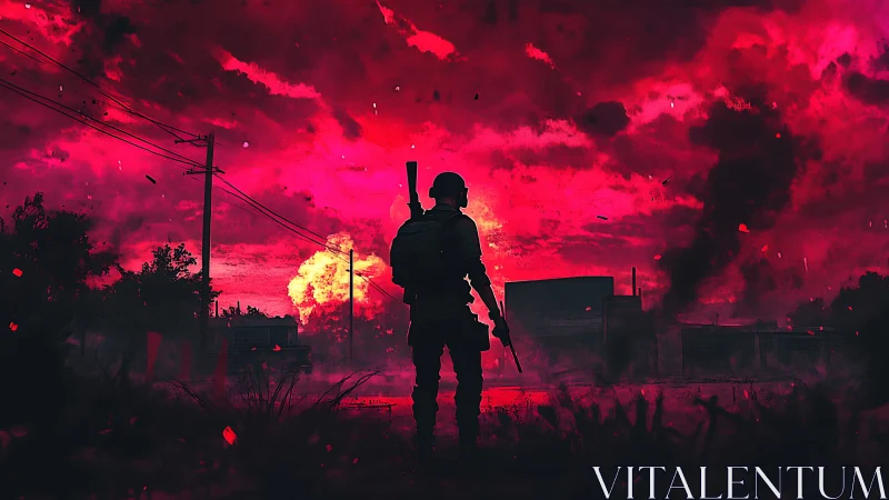 Lone soldier under a blazing crimson battlefield sky.