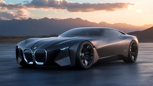 Sleek BMW concept coupe parked on open desert road.