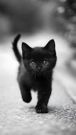 Black Kitten Portrait Walking Forward Against Blurred Urban Background.