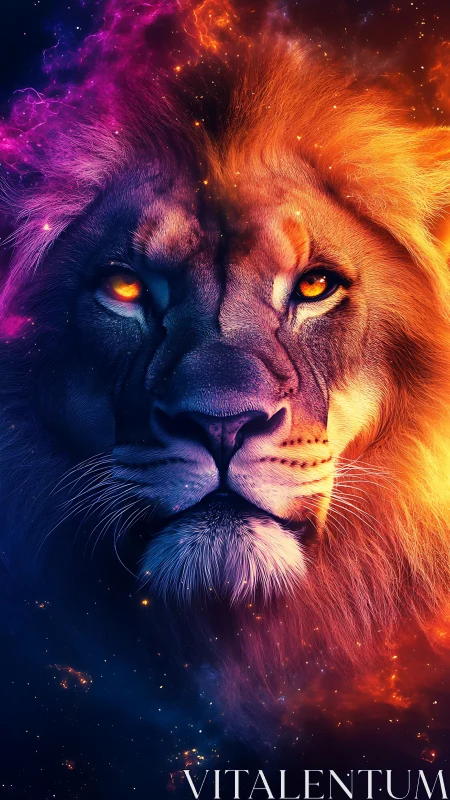 Cosmic ember-maned lion staring through nebula fire.