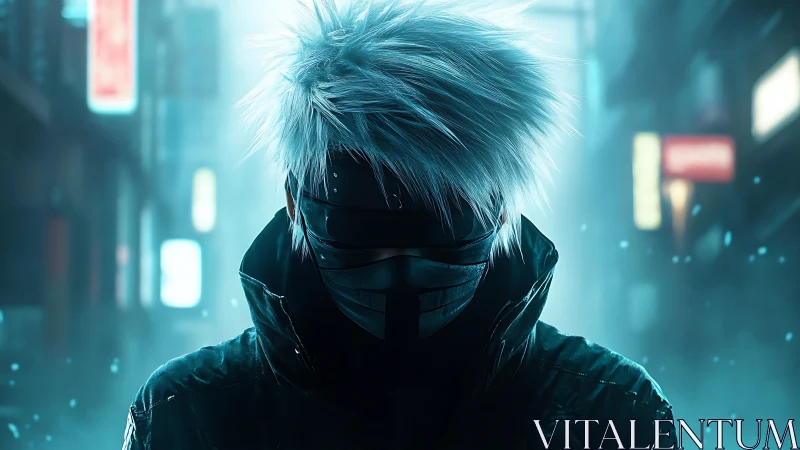 Masked wanderer carves neon silence through frozen city haze