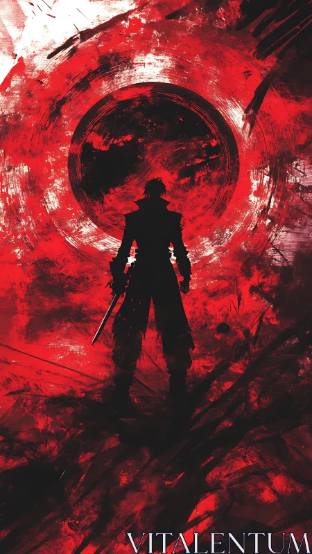 Lone swordsman before blood-red vortex of chaos.