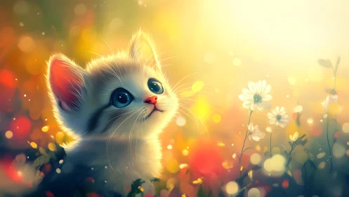 Ethereal White Kitten in Golden Floral Garden.