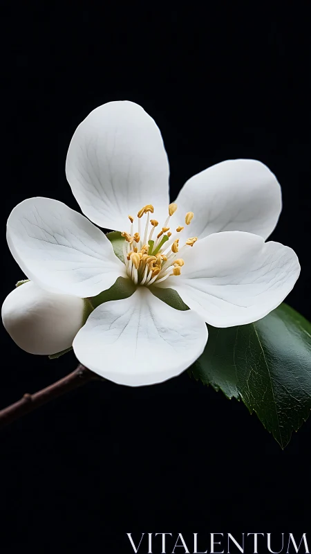 White Flower with Golden Stamens Against Black Background.