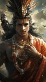 Regal warrior deity in ornate feathered crown portrait.