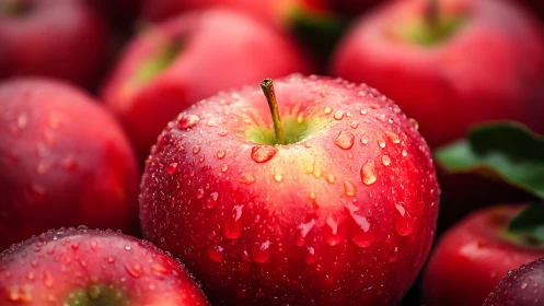 Macro study of dew-covered red apple surface with shallow focus