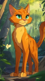 Confident orange cartoon cat standing in bright forest scene.