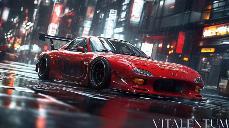 Cyberpunk street racer in neon-soaked rain environment.