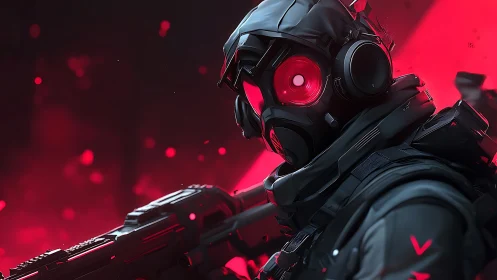 Tactical soldier in red-lit environment with gas mask and rifle.