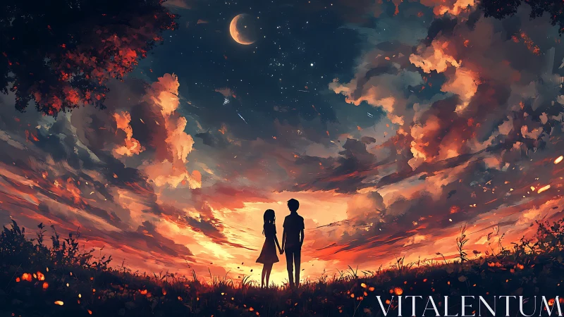Silhouetted children under crescent moon at fiery twilight sky