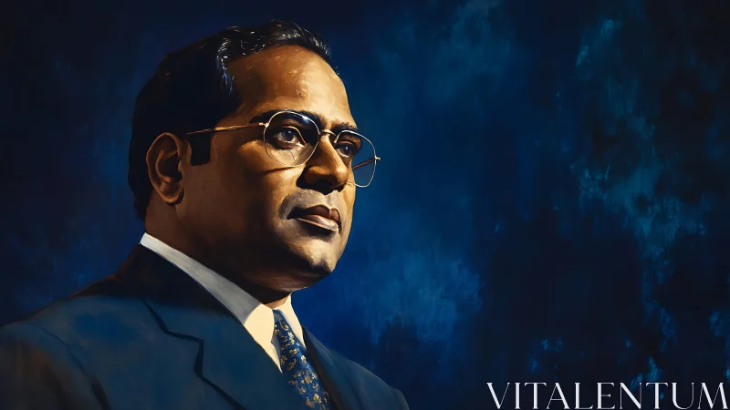 Formal portrait shows suited man in profile against blue field