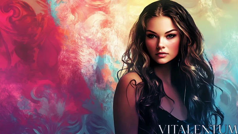 Radiant woman stands softly against swirling painted colors