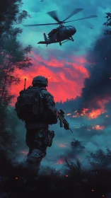 Soldier observes burning battlefield under low helicopter