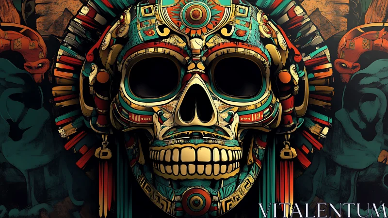 Aztec-inspired mechanical skull mask with vivid teal accents.