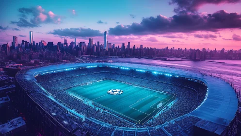Neon stadium panorama contrasts urban skyline and twilight sky