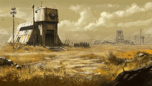 Rusty outpost waiting quietly in a golden wasteland.